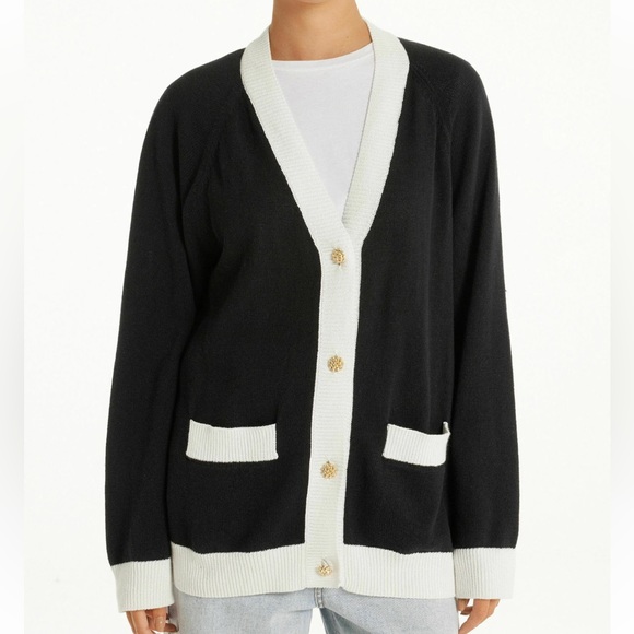 Tahari Button Down Cardigan Lightweight Cardigan Sweater Black & White Size XL - Picture 1 of 7